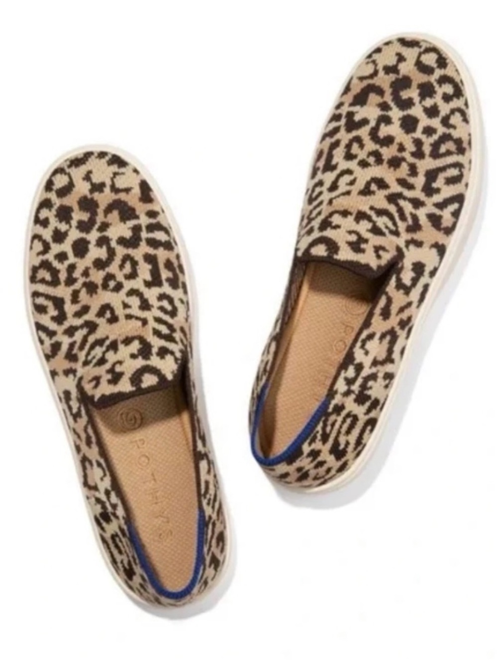 Rothys Slip On Leopard Print Tan/Black Slip-Resistant Sole Sneakers, size 10
